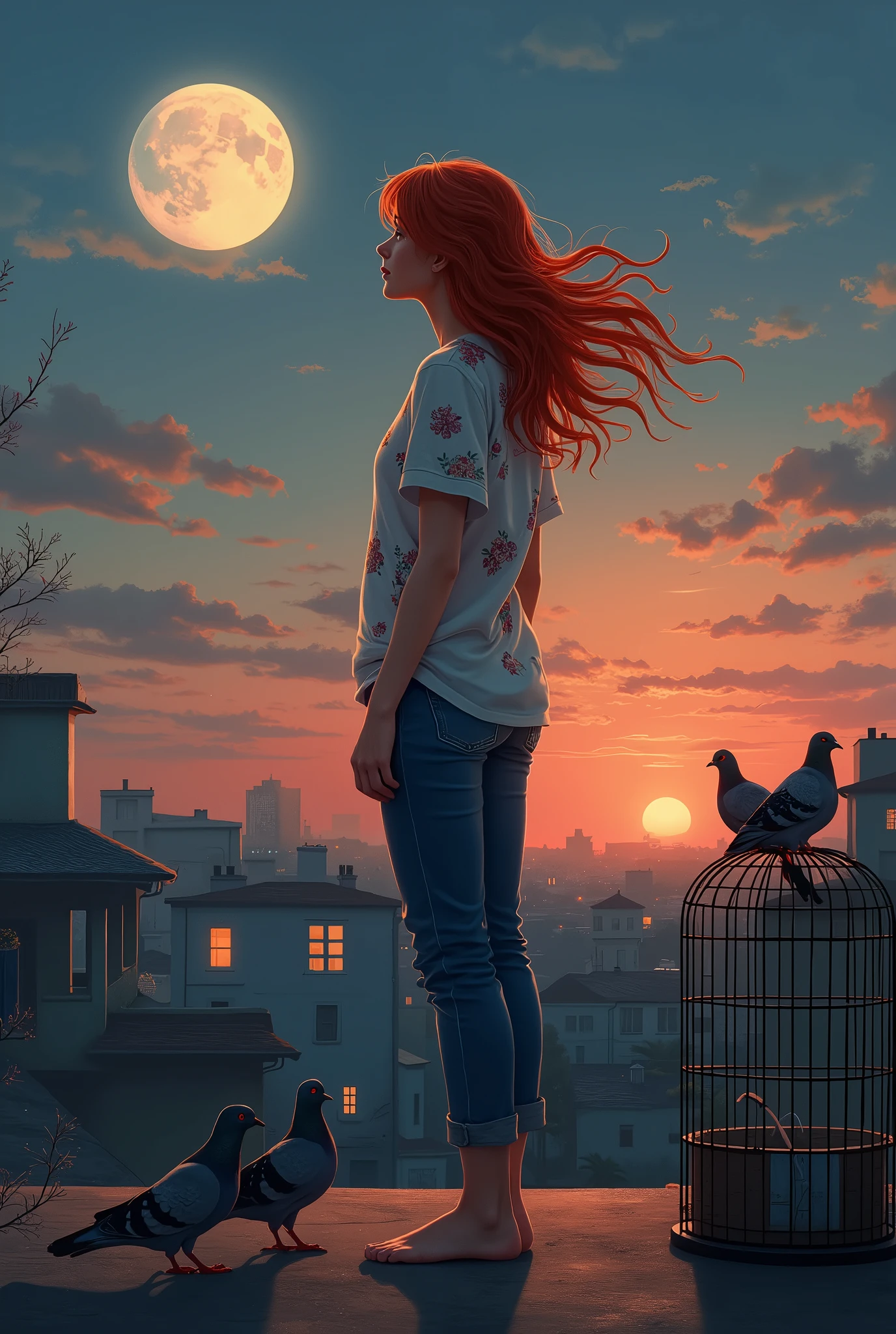 Une belle fille, les cheveux comme le feu, portant un jean et une chemise d'été décorée de fleurs, les pieds nus, debout sur le toit regardant la lune, une lumière tamisée, après le coucher du soleil, des maisons lointaines, des fenêtres éclairées, une volée de pigeons émergent du cage, il y a de l'amour et de la liberté, affectant la liberté.