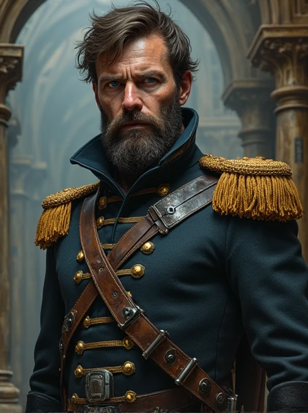 Rough Napoleonic Veteran. Short beard. Dark Brown hair. messy haircut. blue eyes. Fancy but dirty Uniform. Cybernetics. Dieselpunk. Dark Sci-fi. Warhammer 40k. Gothic aesthetics. baroque Oil painting