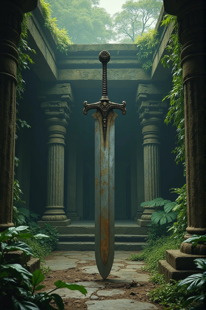 a powerful sword abandoned in a temple in the middle of the jungle, it&#39;s very worn statues a dense forest the floor is worn and the sword is on an altar