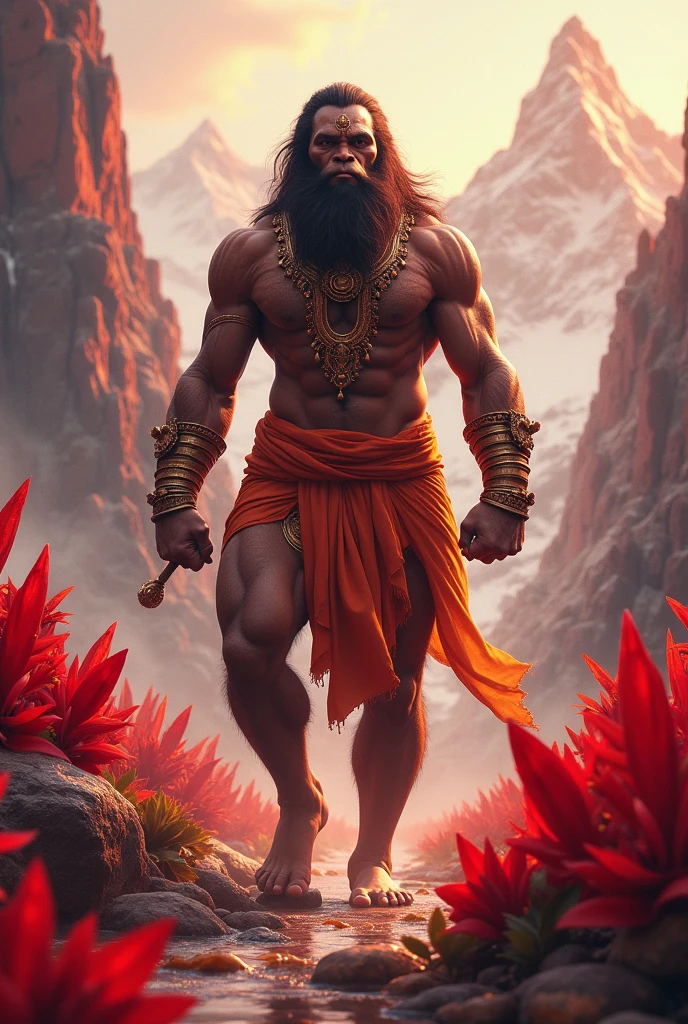 Lord Hanuman surrounded by mountains, red crystals and red flowers.