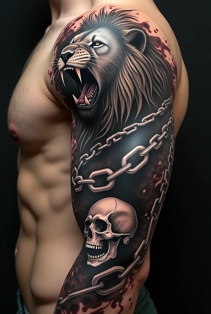 Imagine a tattoo that covers your entire arm, designed to exude masculinity and strength. on the shoulder, a figure of a roaring lion, with its flowing, fierce mane, symbolizing courage and leadership. The lion's claws seem to tear the skin, creating a three-dimensional effect that adds depth and realism.
Going down the biceps, a broken chain wraps around the arm, representing the freedom achieved and the strength to overcome obstacles. The currents, shaded in detail, contrast with the skin, creating a sense of weight and movement.
on the forearm, a skull adorned with tribal or geometric elements, symbolizing resilience and acceptance of the cycle of life. The skull is crafted with shadows and fine details, reflecting the idea of facing mortality with courage.
This composition is tied together by lines and shadows that connect each element., creating a cohesive narrative of power, determination, and masculinity, making the arm become a living symbol of strength and endurance.