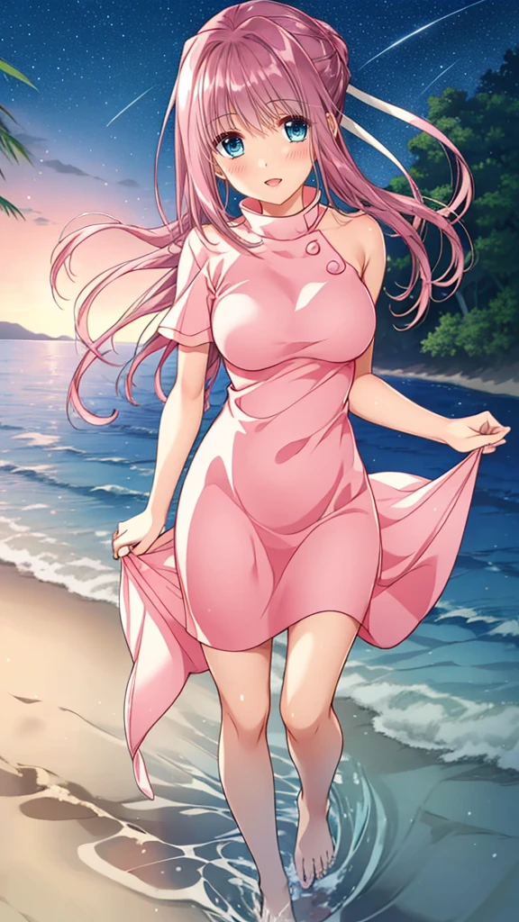Anime illustration Nanase Ren, 1 person, pink slender Line dress, Hair Ribbon, Big Breasts、 blush, Cute Smile Open your mouth, Are standing, (She walked along the starry beach at night, touched the water with bare feet, and came closest to that smile), barefoot, Two Arms, (cinematic angle:1.1),