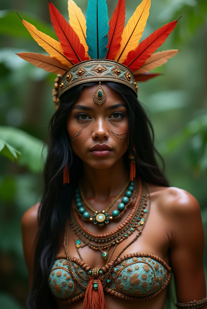 ((CRU photo, best qualityer)), (realisitic, fotorrealisitic:1.2). A beautiful indigenous girl in native costume with feathers and feathers on her head, ((bodypaint)), hot body, sensuous , Amazonian indigenous peoples in Brazil, beautiful young native brazilian female, Yanomami Indian in typical costumes, high qualiy. Amazon rainforest background. realisitic, highy detailed, face detailed.