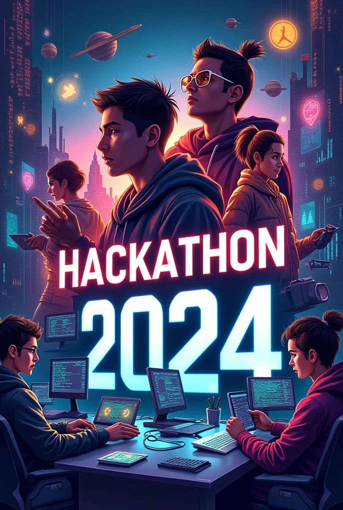 create a poster for hackathon 2024 including human characters. "hackathon 2024" must be written on the poster along with a small inspiring quote