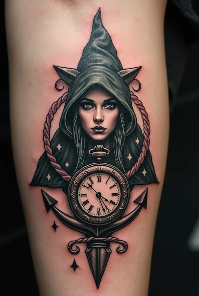 An arrow with a pocket watch, A witch and an anchor so that everything is part of the arrow, tattoo