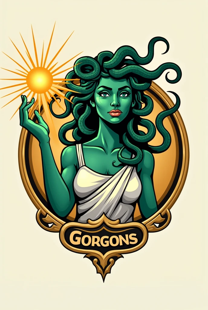 A physiotherapy logo of the Greek character Medusa from head to waist,wearing a greek outfit,with green skin,with snakes on their heads and with a snake face,a gold border with the word gorgons written on the border,with a golden ray in his hand,