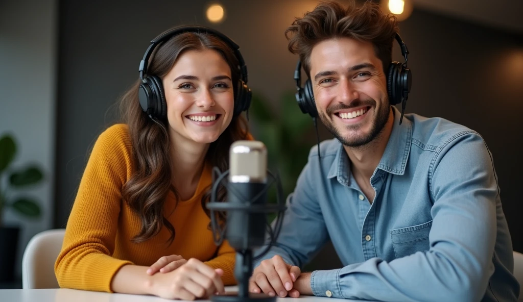 "A realistic, high-quality image of a beautiful young woman and a handsome young man sitting together in a modern podcast room. They are both smiling warmly, with big, genuine smiles, creating a welcoming and engaging atmosphere. The image is zoomed in on their faces, capturing their expressions in detail. They are wearing professional studio headphones, and the podcast microphones are visible in the shot, positioned in front of them on the table. The background includes subtle details of the podcast setup, with soft, ambient lighting adding a professional touch."