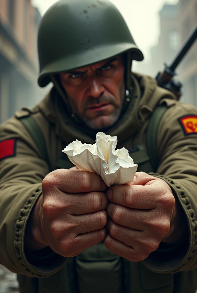 A soldier crushing a paper
