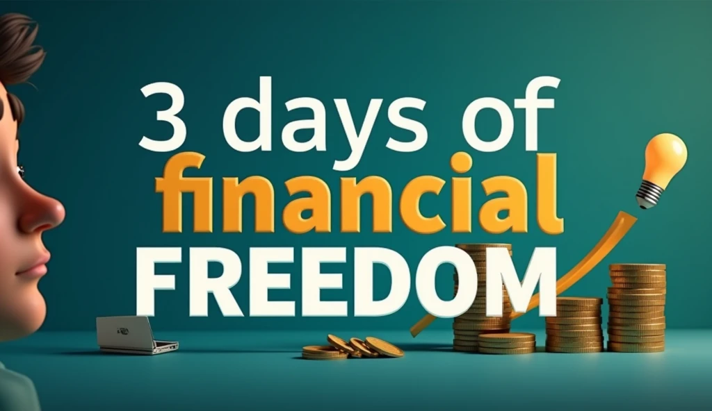 photorealism, animation titled 3 DAYS OF FINANCIAL FREEDOM " with bold and contrasting fonts. Make sure the text is easy to read, even in small sizes.

 Use images that depict money or finances., like a pile of coins, wallet, or an illustration of a rising graph. This image can provide visual context about a financial topic..

 Choose a background with a bright color such as dark blue or green., which is often associated with finance. Use white or yellow for text to make it stand out against the background..

 Include an icon like an up arrow, dollar symbol, or a light bulb as a symbol of a solution or idea. This helps the viewer immediately understand that this video provides a financial solution..

Face with Focused or Thinking Expression , choose the one that shows a focused or thinking expression, which indicates that the audience will be invited to think about solutions to their financial problems..

Make sure all visual elements in the thumbnail are clear and bright., without distracting shadows or overly pale colors.

