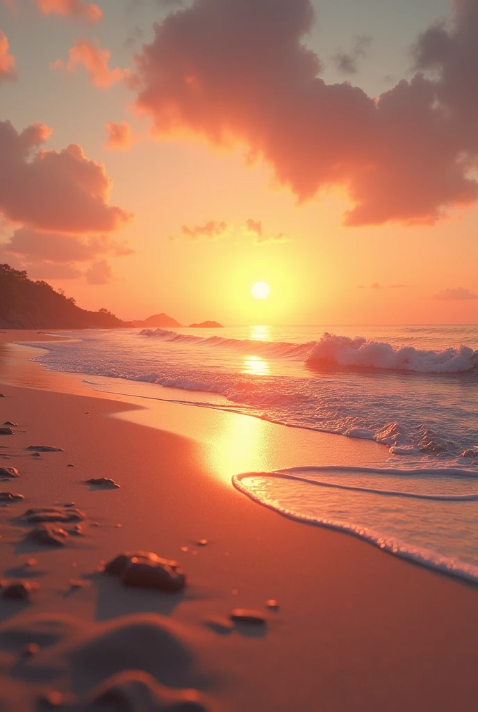 a lush sunset on the beach with no one around, just the sun and the sea waves.