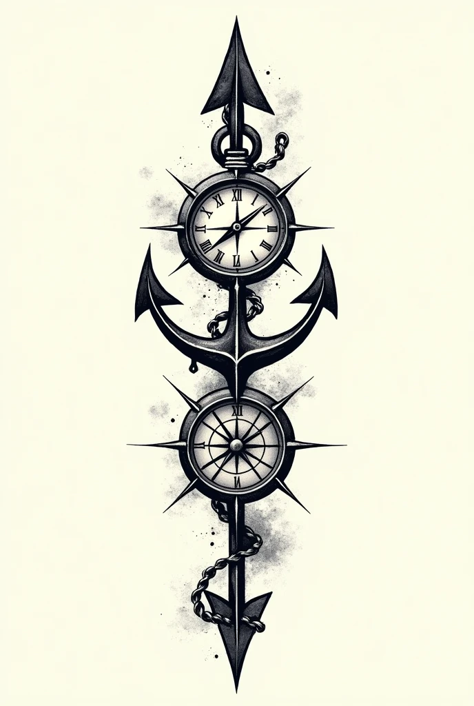 An arrow with a pocket watch, a compass and an anchor so that everything is part of the arrow, tattoo 