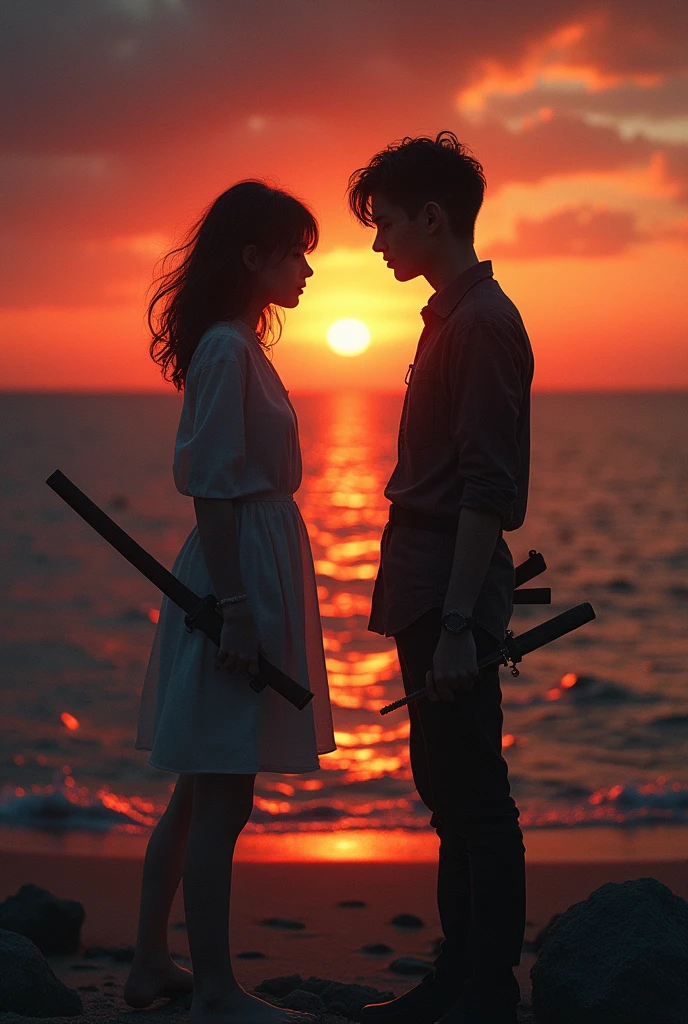 Shadow couple girl and boy shooting each others dark aesthetic real sunset evening shore young 
 
