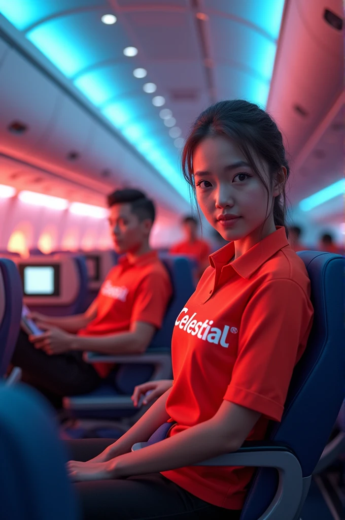 Create an image of an airplane inside with employees wearing shirts with the company name “celestial” in large letters
