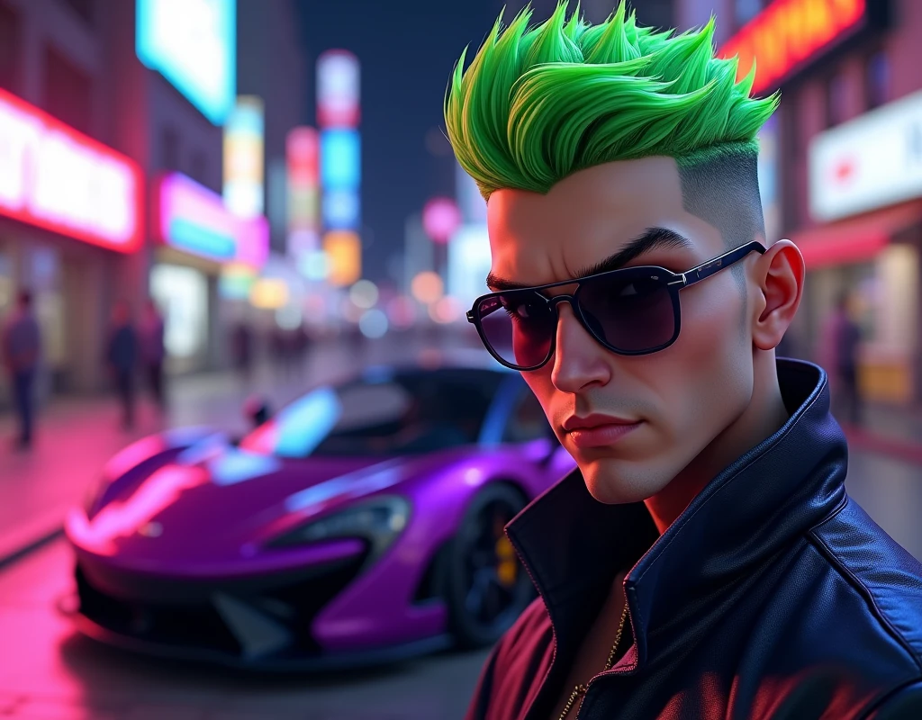 a close up of a man with green hair and clean shave looking in front and sunglasses, style of gta v, as a character from gtav, gta5 style, gta v style, gta character, jerma985 as the joker, as the protagonist of gta 5, gta 6 style, ! split hair dye!, gta v character, gta 5 skin tone, gta v street style the sports car in back ground which color is purple and half body pic
full body picture and car is in front
the man with short hair and the car is mclaren p1 in purple car