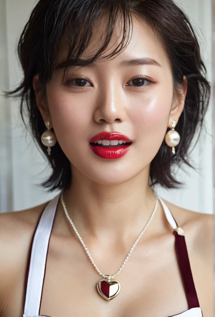 (32K:1.9, Highest quality, masterpiece, Ultra-high resolution, Professional low-angle camerawork:1.5, Highly detailed skin and face textures:1.4), Always accurate, Very detailed, ((25-year-old korean wife, Big breasts on the verge of collapse:1.5, Cooking in the kitchen:1.6, The morning light illuminates the hut, Naked and wearing only an apron:1.7, Incredibly slim body, areola is not visible)), Fair skin, elegant, sense of cleanliness, Vegetable cutting pose, (Big eyes that exude beautiful eroticism:0.4, A shy smile:1.0, I love you with all my heart:0.8, Open your mouth a little, lipstick, Feel the beautiful eroticism:0.9), (Wet dark brown medium length hair), Earrings, necklace, bracelet, (romantic, mysterious), Object of admiration, original, dramatic, artistic, Innovative, charm, Heartful, Fancy, sense of openness, special, exciting, Extreme, Tilt, sense of loss, joy, Expressions of joy, (((The charm of youth, Feminine charm)))