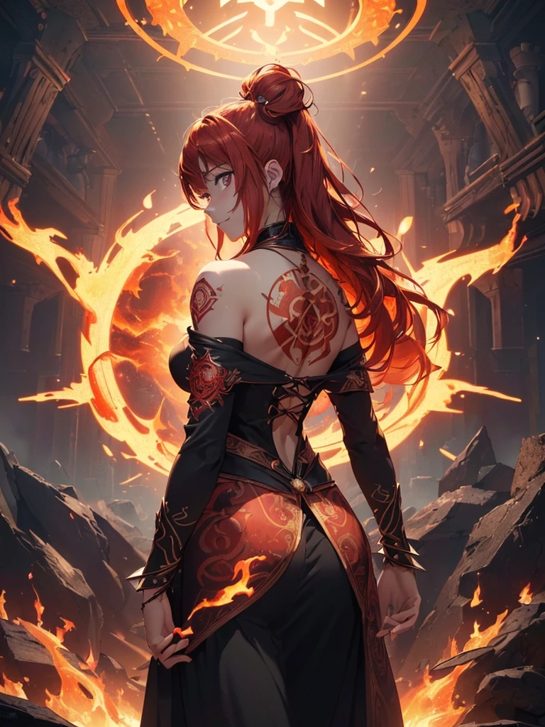 (((best quality, sharp image, clear image, cinematic lighting, 8k resolution, masterpiece, ultra detailed, intricate))) Girl, (((looking over left shoulder))), (shot from behind), fire mage, ((intricate background)), ((chaotic background)), red hair, smiling, ((flame runes, flame sigils)), (tatoo on back), slim figure, flying sigils