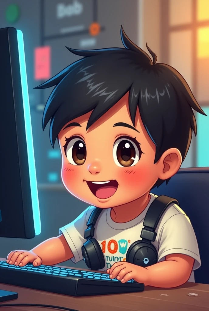 Drawing of a 10-month-old baby dressed as a programmer with headphones on his side using the computer, with black hair, dark brown eyes and a t-shirt, appearing completely happy.