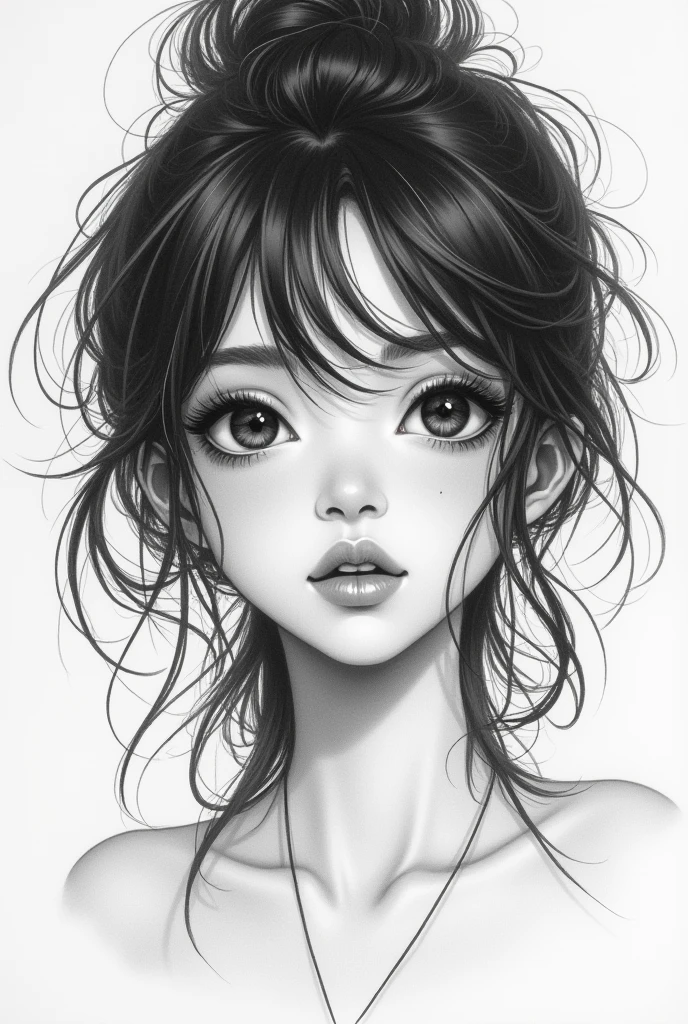 It says "Okay", monochrome, pencil drawing, self-portrait, cute woman, messy hair, (attractive and seductive) and (amorous and lewd) expression, shading, shadows, contrast, conceptual installation art, 2.5D, delicate and dynamic effects, iridescent effects, artistic, hyper, graphic CG digital art, (anime, manga, cartoon, illustration)-style