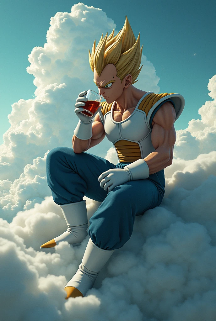 Vegeta drinks while sitting on a cloud