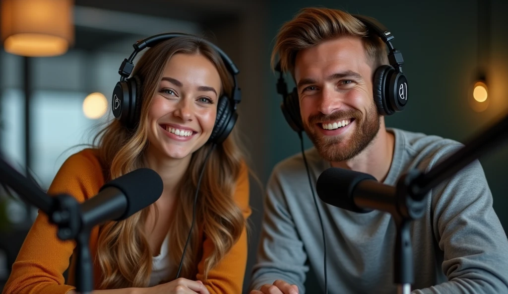 "A realistic, high-quality image of a beautiful young woman and a handsome young man sitting together in a modern podcast room. They are both smiling warmly, with big, genuine smiles, creating a welcoming and engaging atmosphere. The image is zoomed in on their faces, capturing their expressions in detail. They are wearing professional studio headphones, and the podcast microphones are visible in the shot, positioned in front of them on the table. The background includes subtle details of the podcast setup, with soft, ambient lighting adding a professional touch."