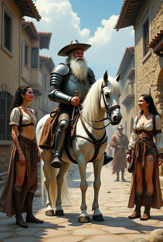 Don Quixote of La Mancha in armor, old man with white hair and white horse. With two women from the street, laughing at don quixote, dirty, with clothes (Prostitutes) in a village.