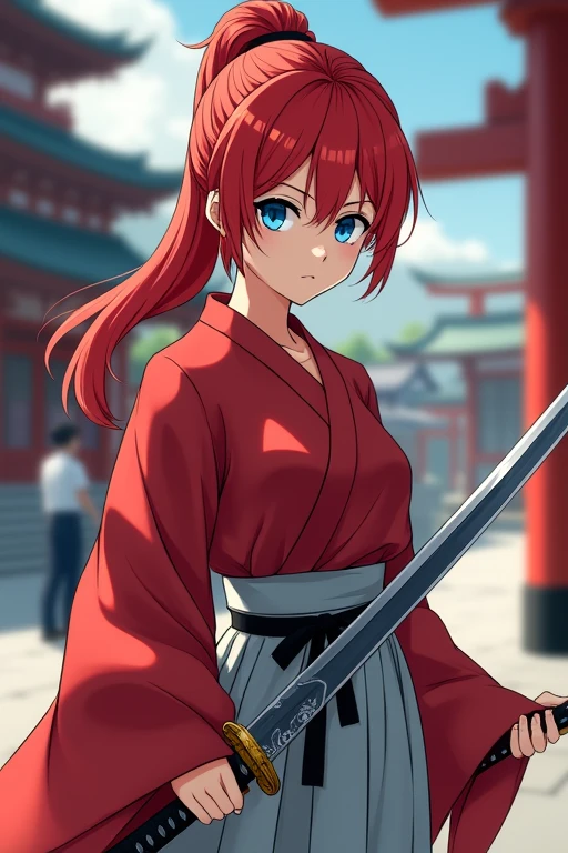 Anime Japanese woman Shrine maiden Red hair Ponytail Blue eyes One samurai sword on left hip Scarlet shirt Light grey skirt