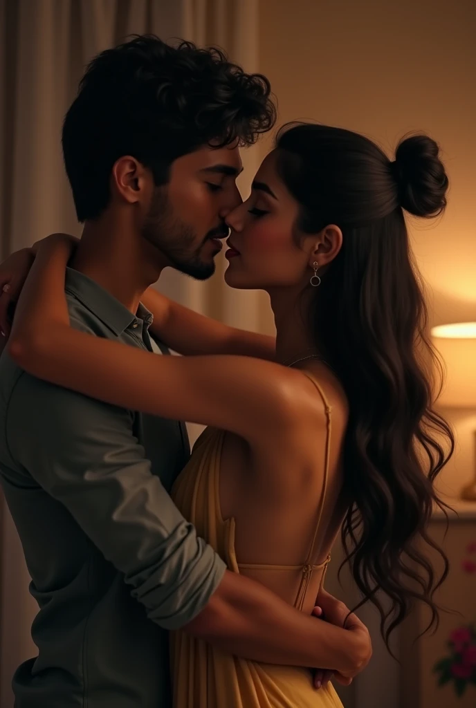 Create a image of a 25 year old indian girl in a room long black silky hair in high bun style 4 year old boyfriend kissing her neck from back