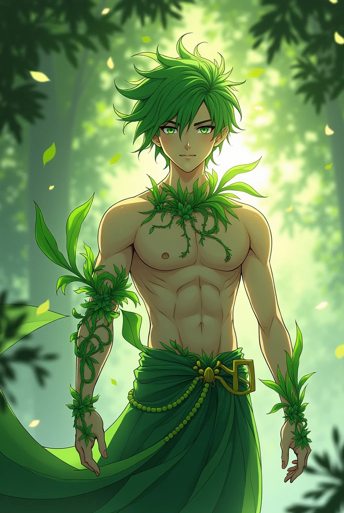 Green Hair　Green Eyes　Slender　Slender　Sad look　Shota　forest　Sunlight filtering through the trees　waterfall　Crown of Thorns　