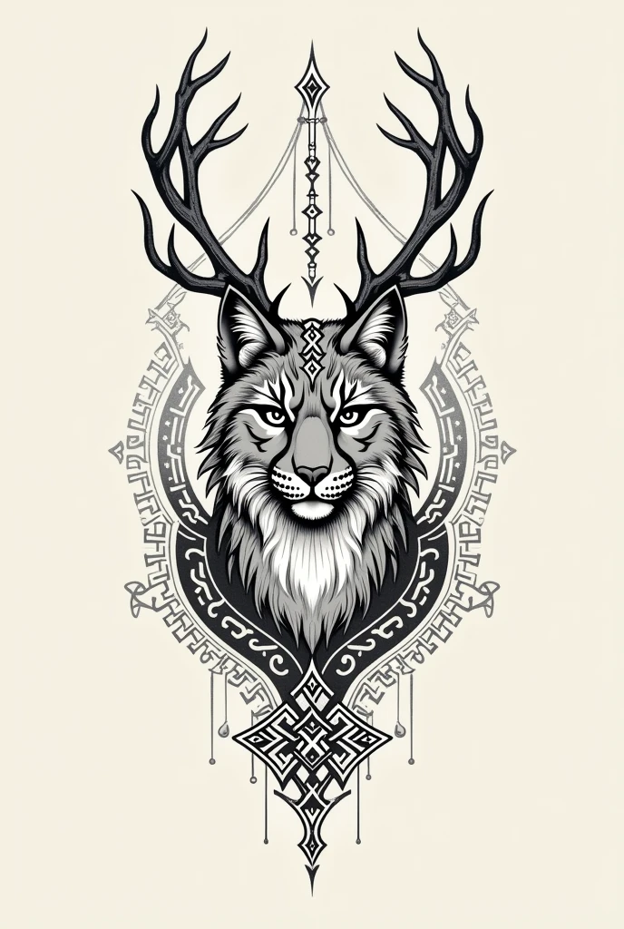 Could you create a sketch of a tattoo with just lines for the forearm of a lynx with deer antlers??, also with Nordic symbols