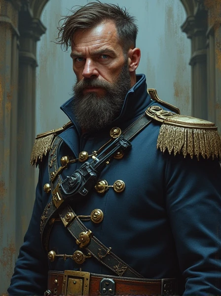 Rough Napoleonic Veteran. Short beard. Dark Brown hair. messy haircut. blue eyes. Fancy but  Uniform. Cybernetics. Dieselpunk. Dark Sci-fi. Warhammer 40k. Gothic aesthetics. baroque Oil painting
