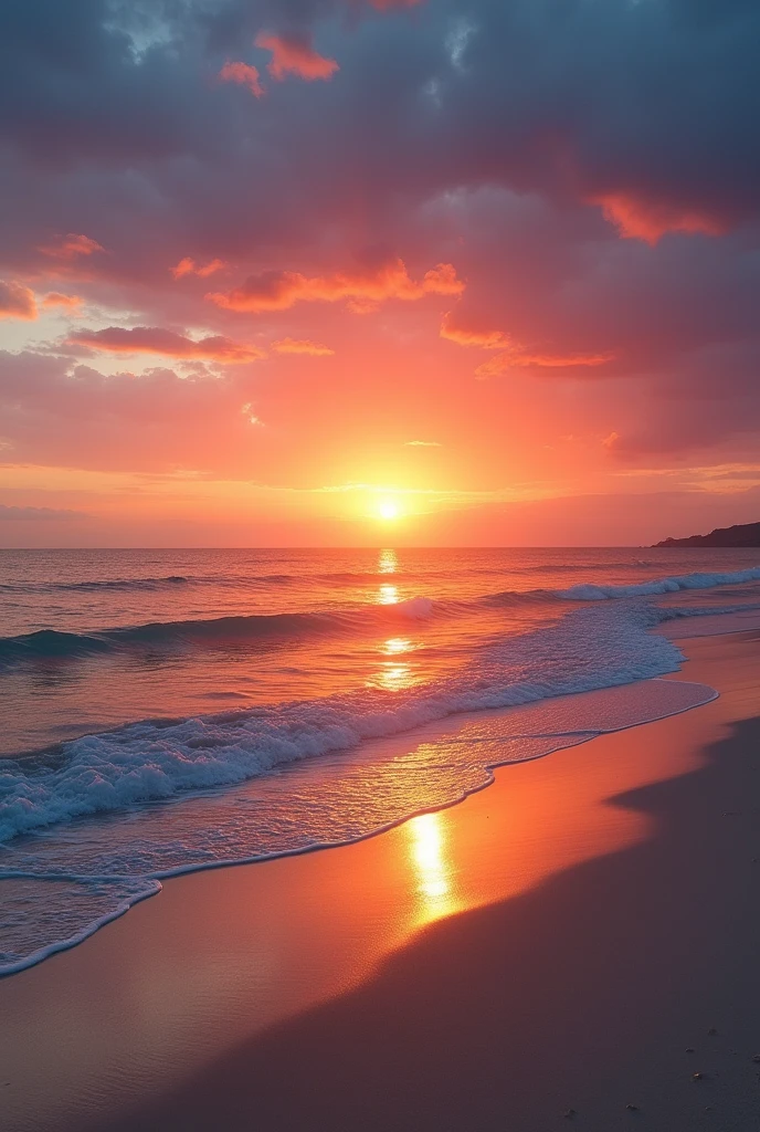 a photograph of a lush sunset on the beach with no one around, just the sun and the sea waves.