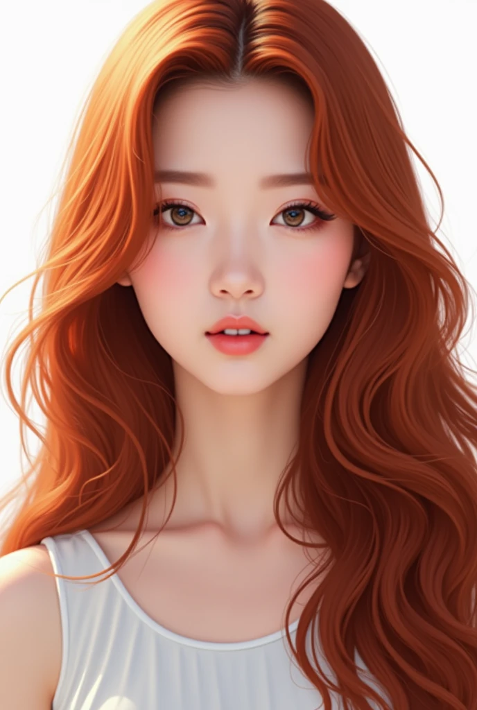 close up of julie from kiss of life, Korean singer with a white background behind her, with a proud look and long bright red hair