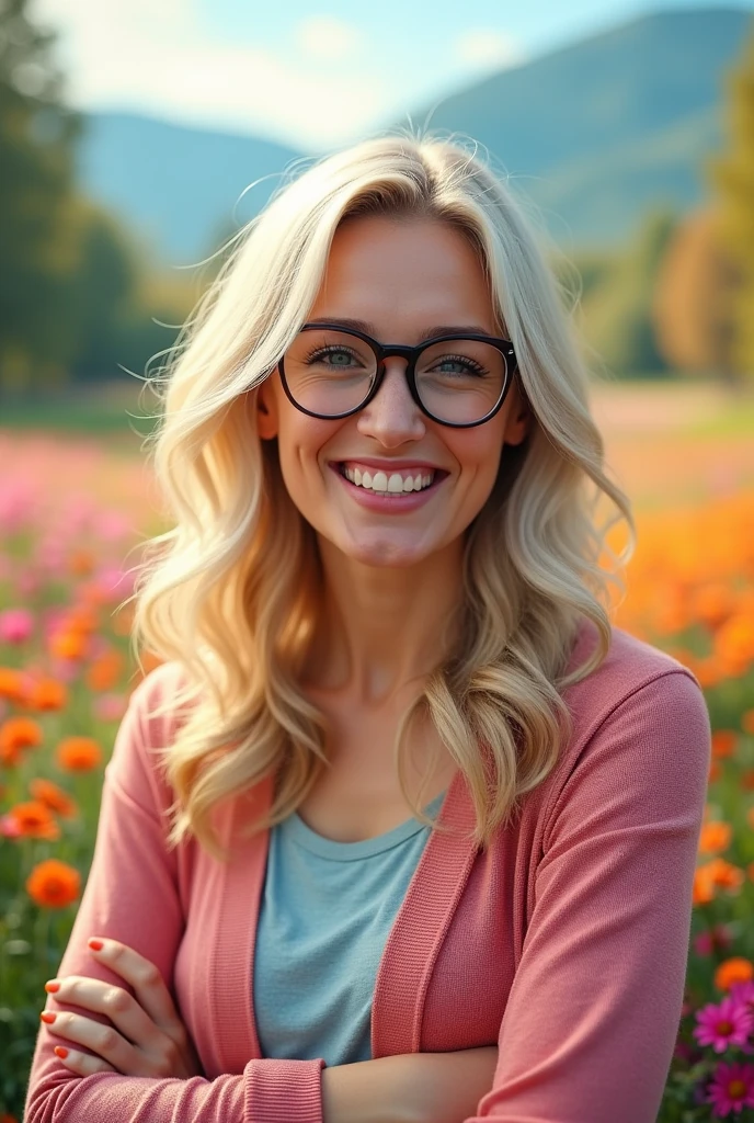 Pretty white-skinned teacher with glasses, light-colored hair and a smile on a beautiful colorful landscape background with the phrase Happy Birthday Teacher Eve