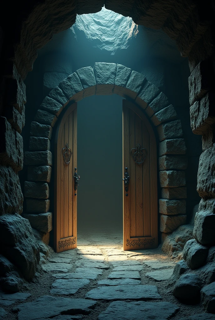 a secret room in a dark dungeon cave with two doors