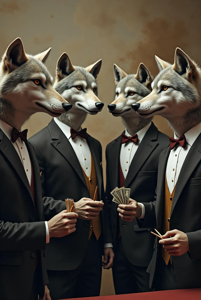 Four Wolves in formal dress with cigarette and liquor money and one of them saying "bring your blowjobs" and counting bundles of money 
