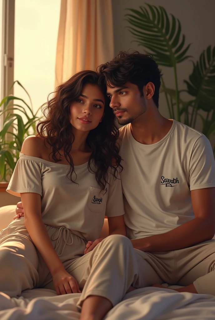 (photorealism:1.2), beautiful woman, sitting on bed,  with her bf saurabh pal t shirt me likha ho 
wearing loose off-shoulder top, pajama pants, long curly hair, indoors, soft lighting, plants in background, window with sunlight, cozy room, relaxed pose
, realistic, intricate details, warm colors, by Greg Rutkowski, by Alphonse Mucha an boy ke t shirt me saurabh and girl ki t shirt me surbhi pal likha hai done ki age 18 sal ki hai hear bade bade ho va mathe me rakhe ho ladke ke