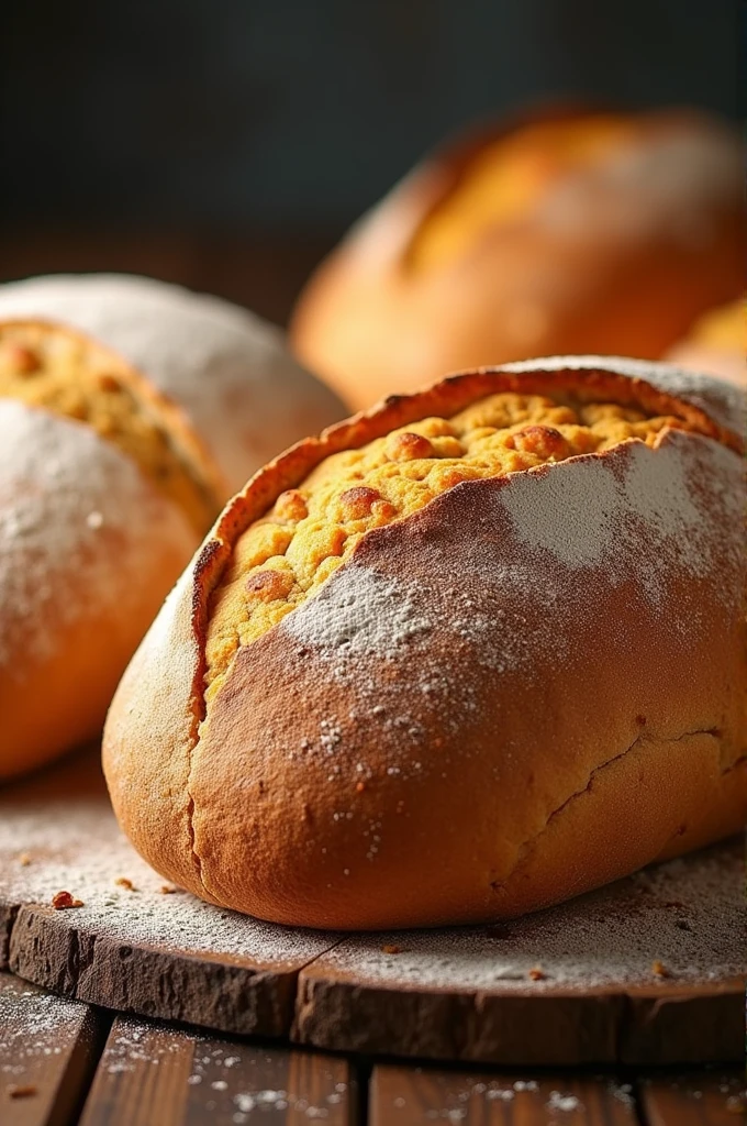 I need you to create an image of 3 loaves of bread in a single, very realistic image of a traditional white bread., pumpkin and carrot