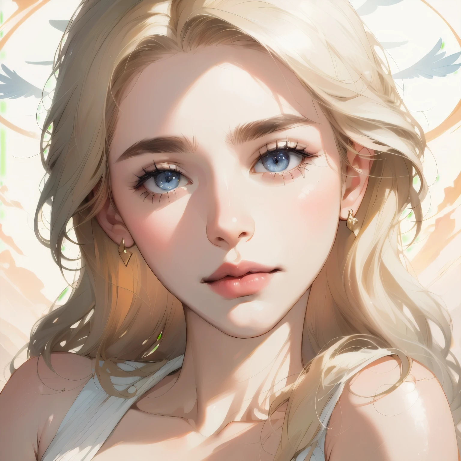 Best quality,masterpiece,ultra high res,beautiful, extremely detailed face, perfect lighting, perfect face, 16K, beautiful women, blonde girl, golden hair, long hair, blue colored eyes, Angelic beauty, ethereal beauty, Straight Nose, pale skin, Russian traits, light dress, offwhite, light pink.