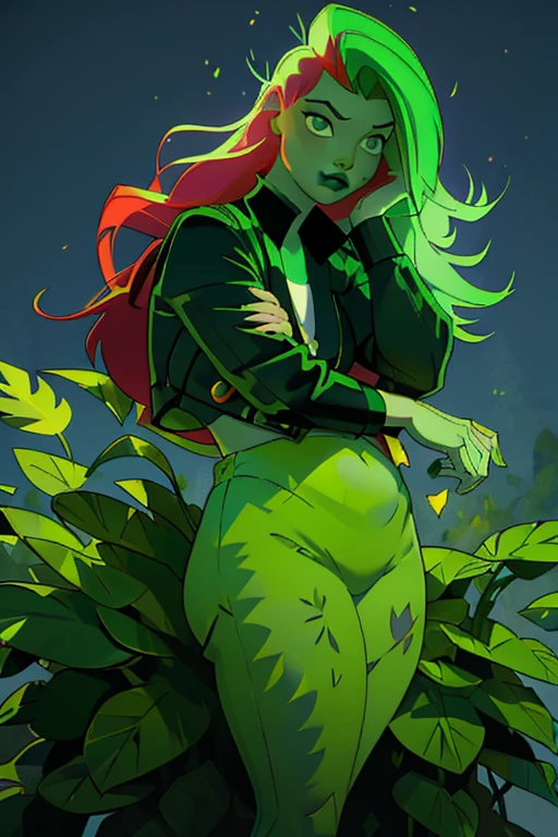 (fat poisonivy, fat Poison Ivy:1.0),  (side parted long red hair, big fat body, green skin, green eyes, green lips), white tank top, black jacket, green pants with plant details, black high heels,  plants, leaves, flowers, (full-body-shot:1), (Cowboy-shot:1.2),neon lighting, dark romantic lighting, (highly detailed:1.2),(detailed face:1.2), (gradients), colorful, detailed eyes, (detailed landscape:1.2), (natural lighting:1.2),(detailed background),detailed landscape, (cute pose:1.2), 