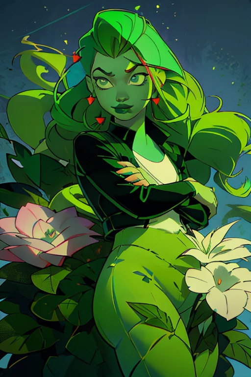 (fat poisonivy, fat Poison Ivy:1.0),  (side parted long red hair, big fat body, green skin, green eyes, green lips), white tank top, black jacket, green pants with plant details, black high heels,  plants, leaves, flowers, (full-body-shot:1), (Cowboy-shot:1.2),neon lighting, dark romantic lighting, (highly detailed:1.2),(detailed face:1.2), (gradients), colorful, detailed eyes, (detailed landscape:1.2), (natural lighting:1.2),(detailed background),detailed landscape, (cute pose:1.2), 