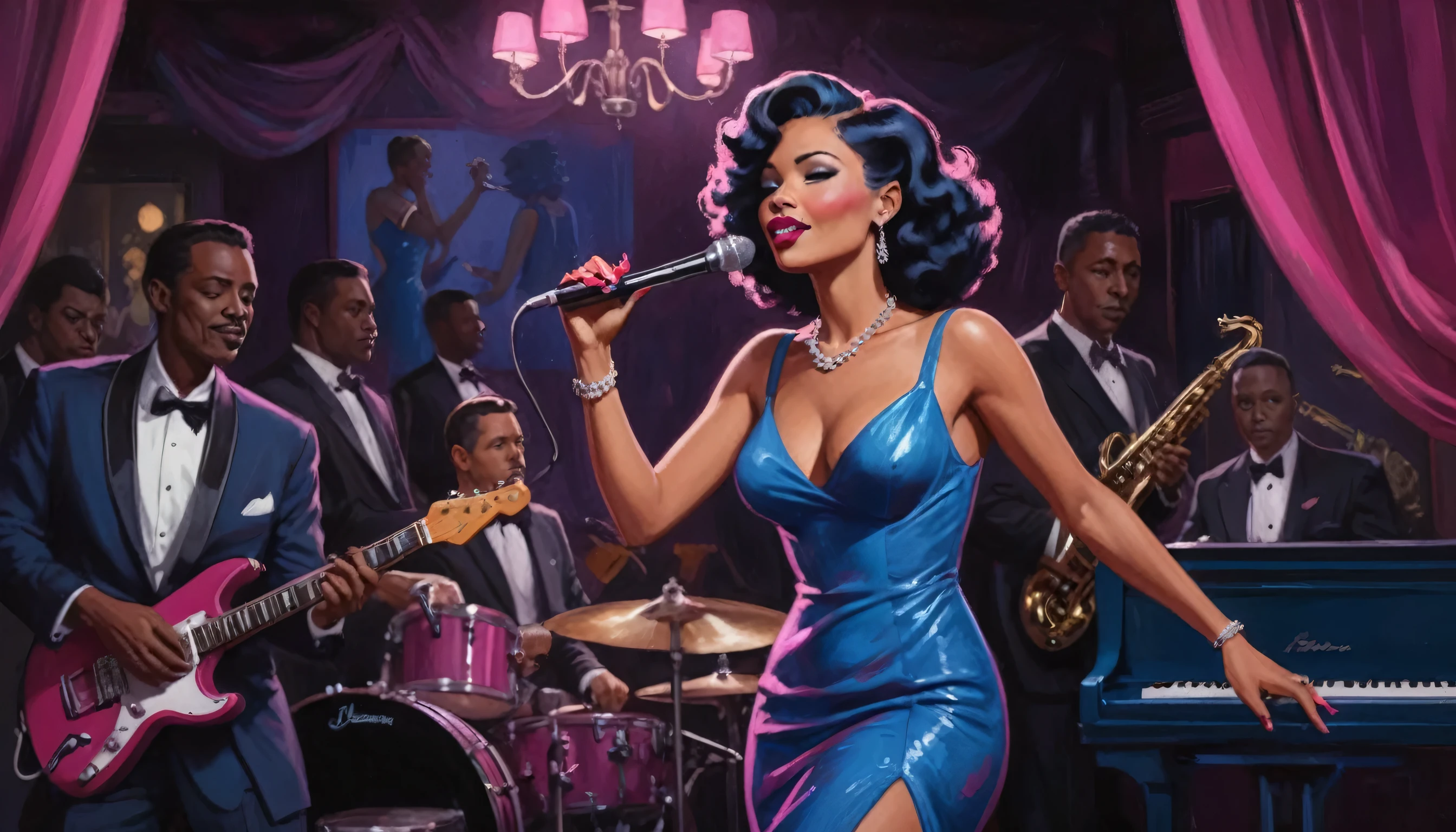 alabama bar, blue note, charismatic, baterist, guitarist, saxophonist, jazz band, fuchsia dress, illustration, noir fantasy, singer lady, 