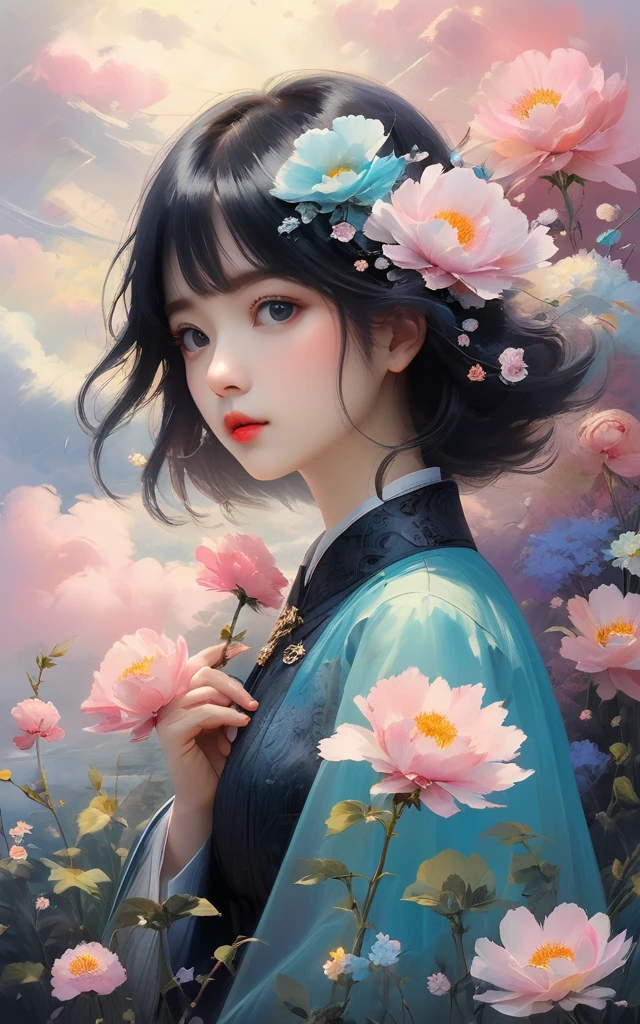 (((Stylistically diverse))), Detailed Scene, A quirky twist, Unique visuals, cloud, And flowers, Abstract, Surreal「Painted Light, 「pastel colour, â€, 「Isolated subject, †âinnocent colours, Soft lighting, Dark ink shadow, Detailed and complex environment, masterpiece, Trace Effects, oilの美学, Thick brushwork, Mysterious charm, oil「Impressionism, †光âImpressionistic.â€Beautiful details水, Stylish art aesthetic, Broken glass effect, No background, amazing, Something that doesn't exist, Mythical Beings, energy, Molecular, texture, Rainbow glowing scales, Breathtaking beauty, Pure perfection, The existence of God, Unforgettable, impressive, Breathtaking beauty, Volumetric Light, aura, light, A person reflected in vivid colors, Shortcuts, ribbon,