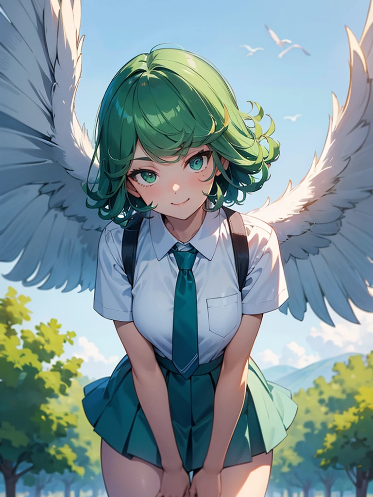 (high res, 8K, masterpiece, looking at viewer, best quality, very aesthetic, ultra detailed, ultra background, ultra Eyes) intricate details, 1girl, Tatsumaki, short sleeved white shirt, light blue short skirt, Pockets on the left chest, light blue tie, green short hair, green eyes, Smile Face, Pelican Bird Watching, Background Zoo, Cinematic Angle