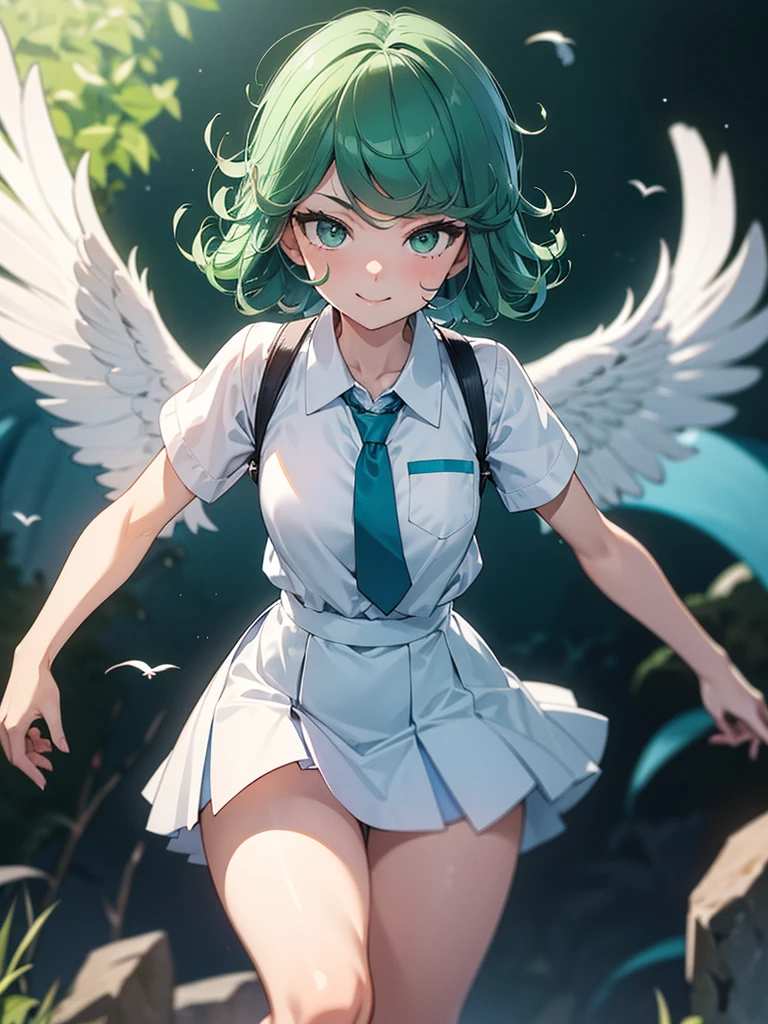 (high res, 8K, masterpiece, looking at viewer, best quality, very aesthetic, ultra detailed, ultra background, ultra Eyes) intricate details, 1girl, Tatsumaki, short sleeved white shirt, light blue short skirt, Pockets on the left chest, light blue tie, green short hair, green eyes, Smile Face, Pelican Bird Watching, Background Zoo, Cinematic Angle