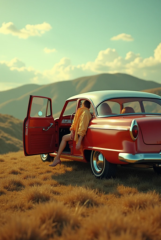 Help me with a picture of a car with the doors open on the doors clothes hanging in perspective on a hill with some retro 60s style woman legs