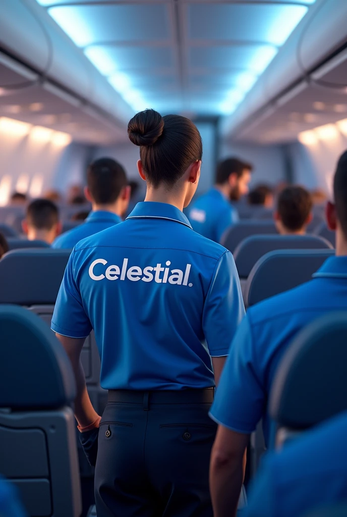 Create an image of an airplane inside with employees wearing a shirt with the company name in large letters “celestial” blue shirt