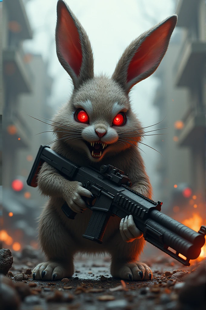 An evil rabbit with blood in his eyes securing a weapon in a war