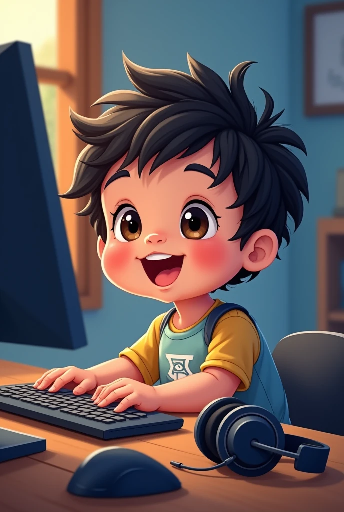 Drawing of a 10-month-old baby dressed as a programmer with headphones on his side using the computer, with black hair, dark brown eyes and a t-shirt, appearing completely happy.