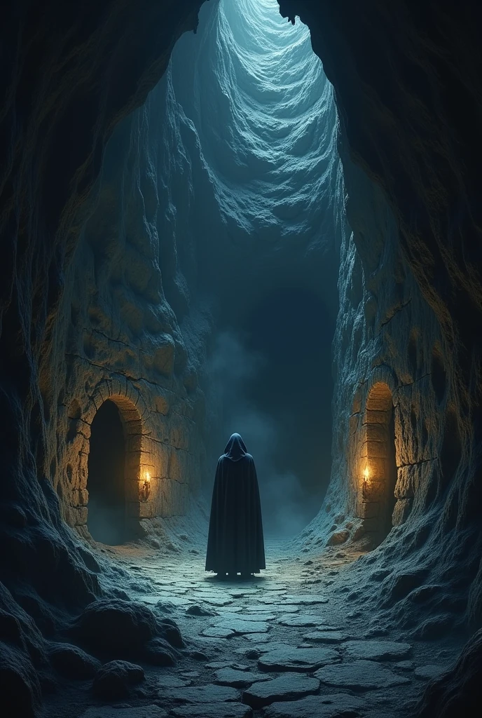 a secret room in a dark dungeon cave with two separate doors