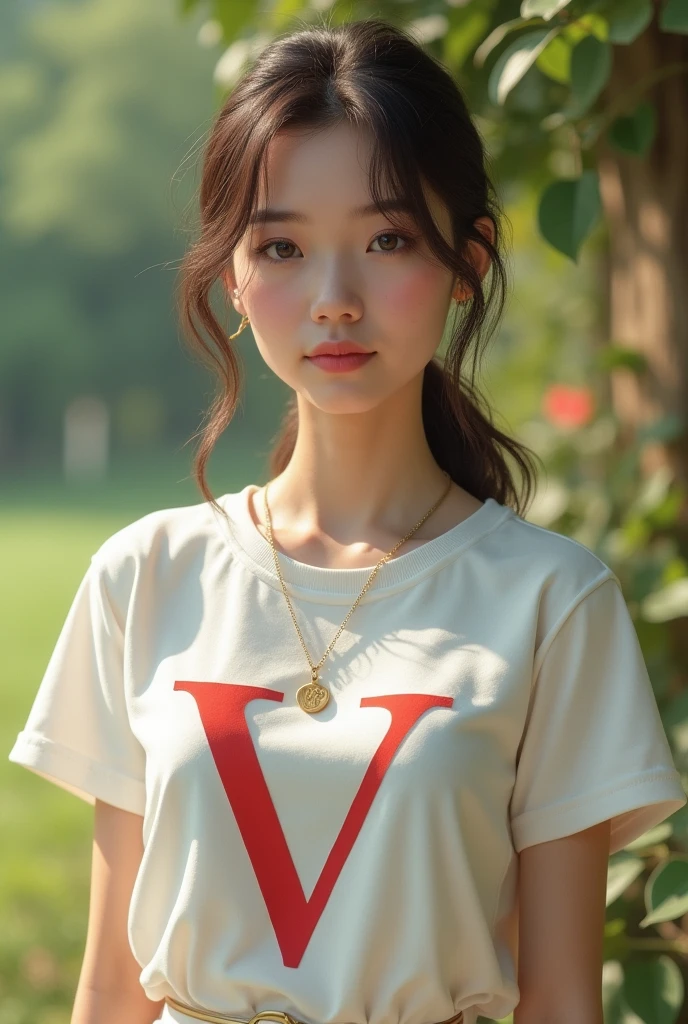 Beautiful girl with v letter t shirt